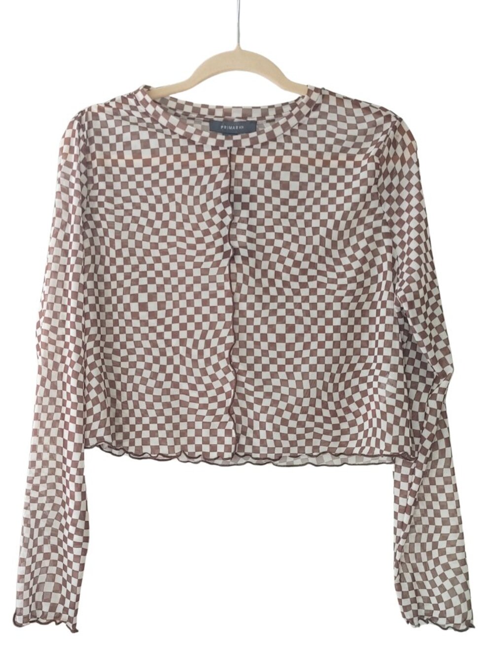 NWT Primark Checker Print Sheer Mesh Top Brown White Long Sleeve - Size XL 14/16